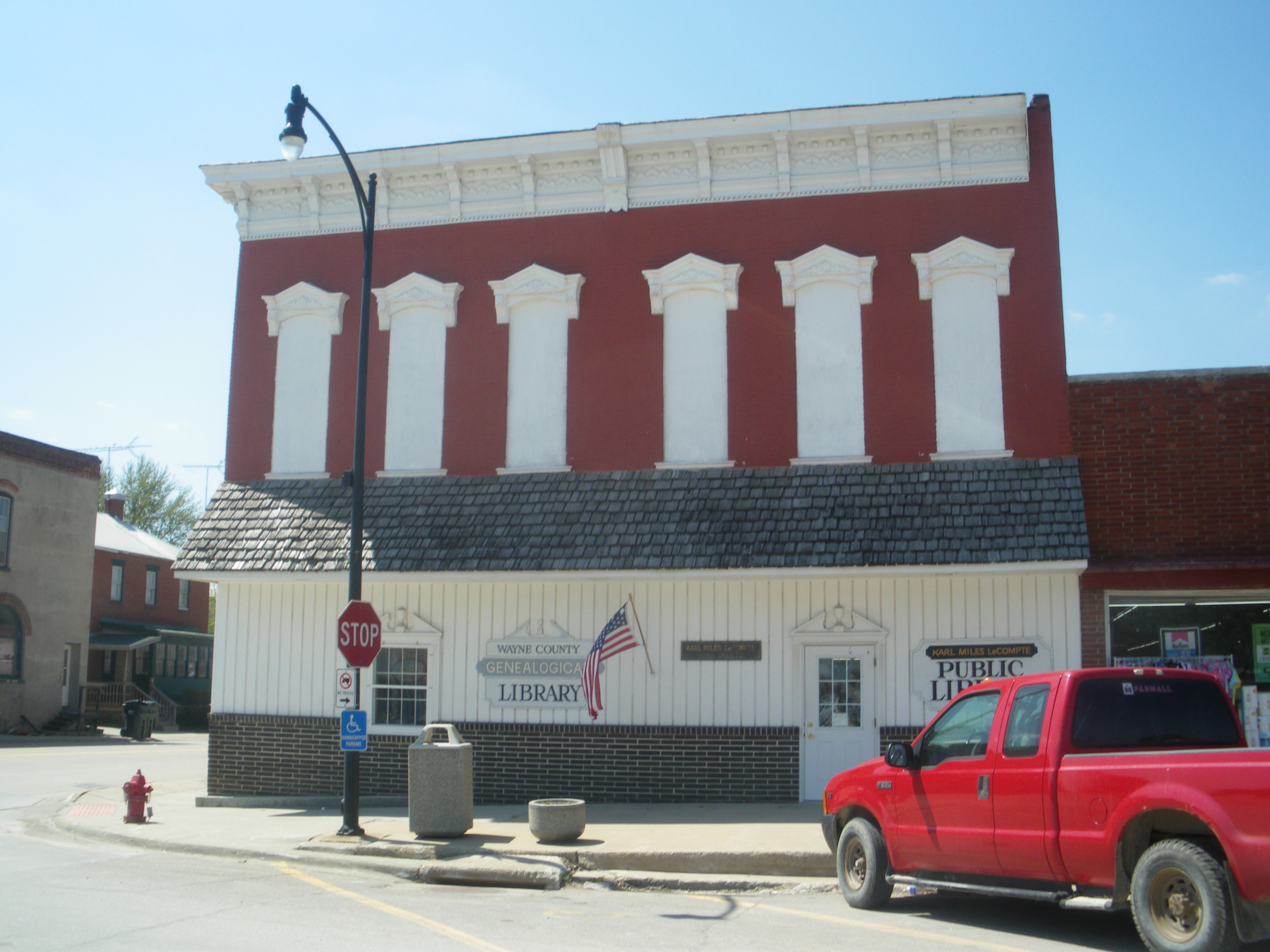 Front of the library on the SW corner of the square